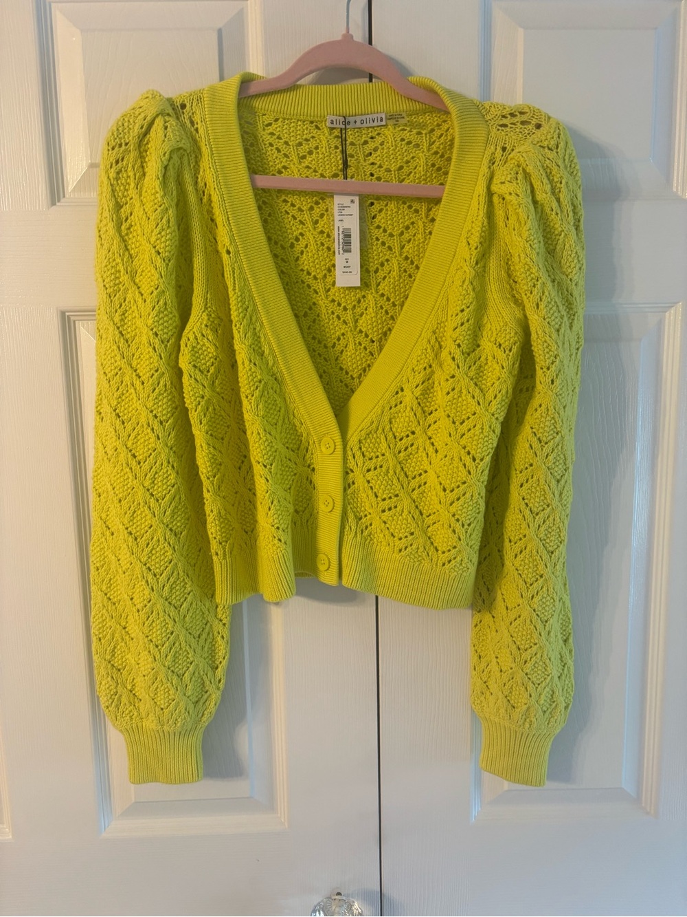 Alice + Olivia Chartreuse Openwork Knit V-Neck Button Cardigan
